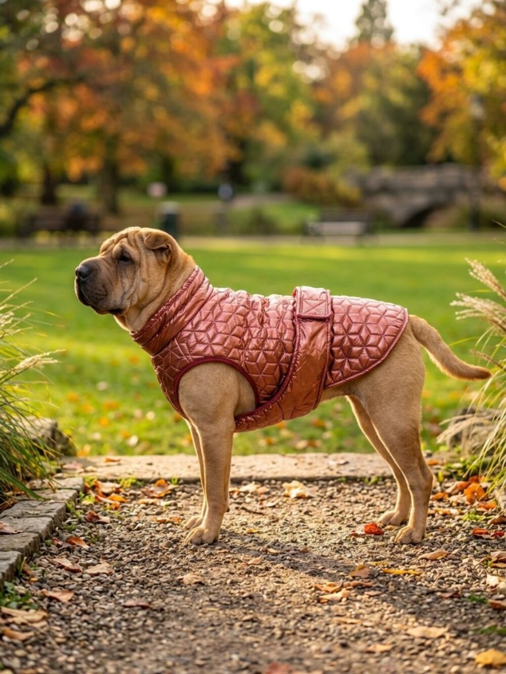 Metallic Pink Quilted Medium Dog Jacket Adjustable Belly Strap & Neck Drawstring